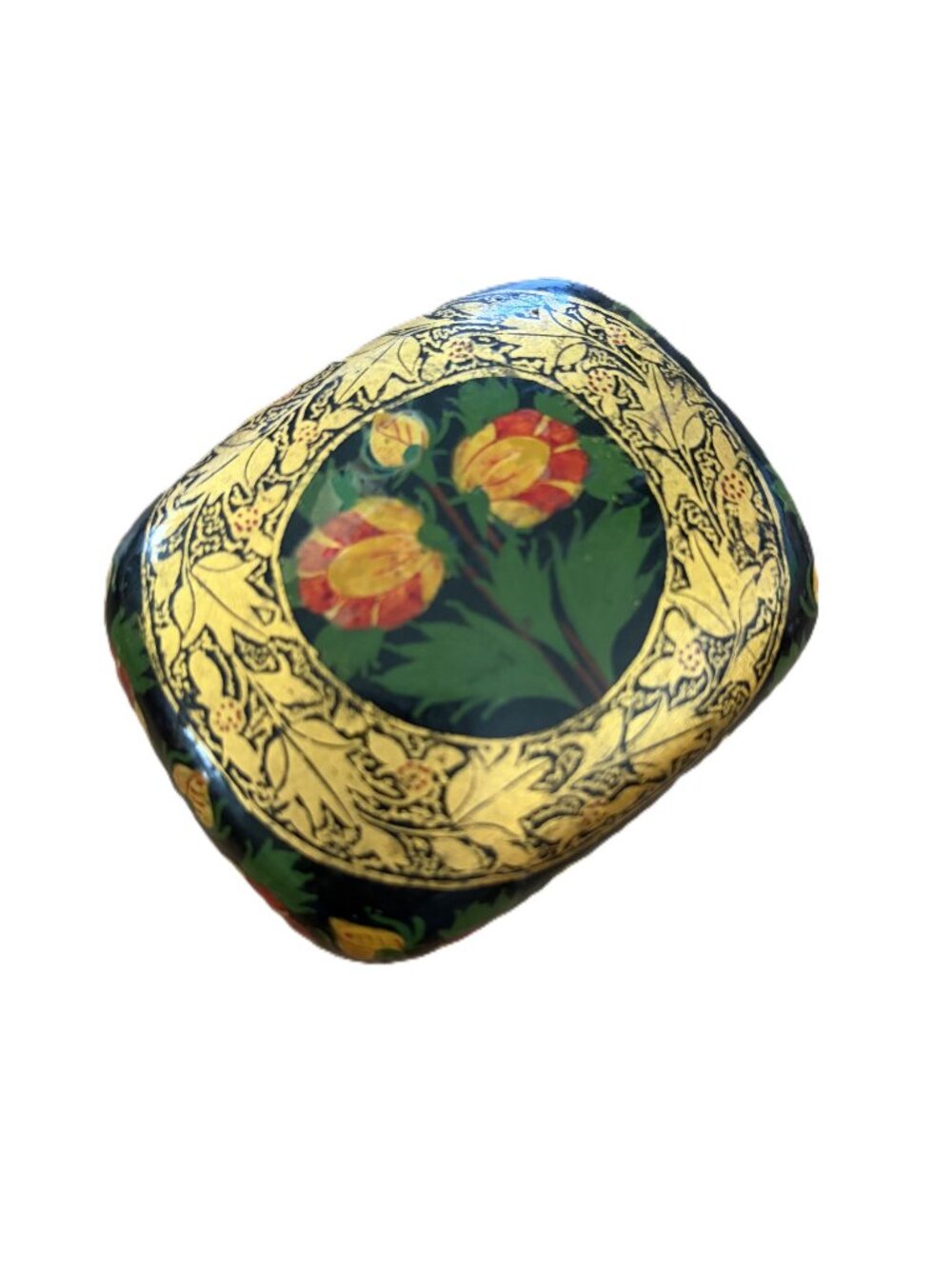 Vintage Fetco Kashmiri Papier Mâché Trinket Box Hand Painted Floral India Lacque